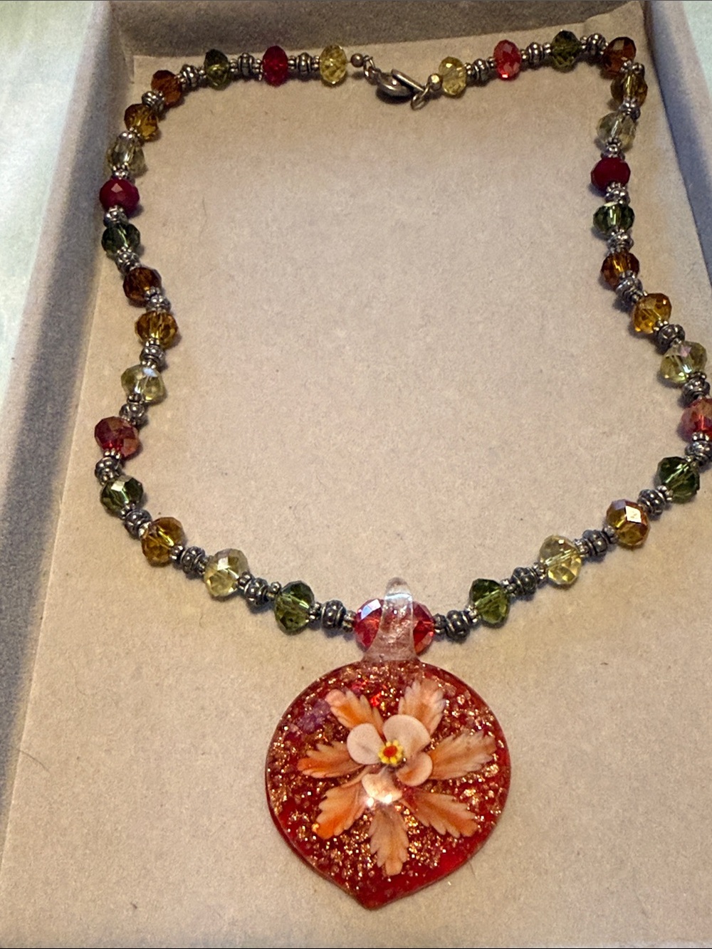 Floral Glass Pendant Necklace — Multicolor Beaded Chain